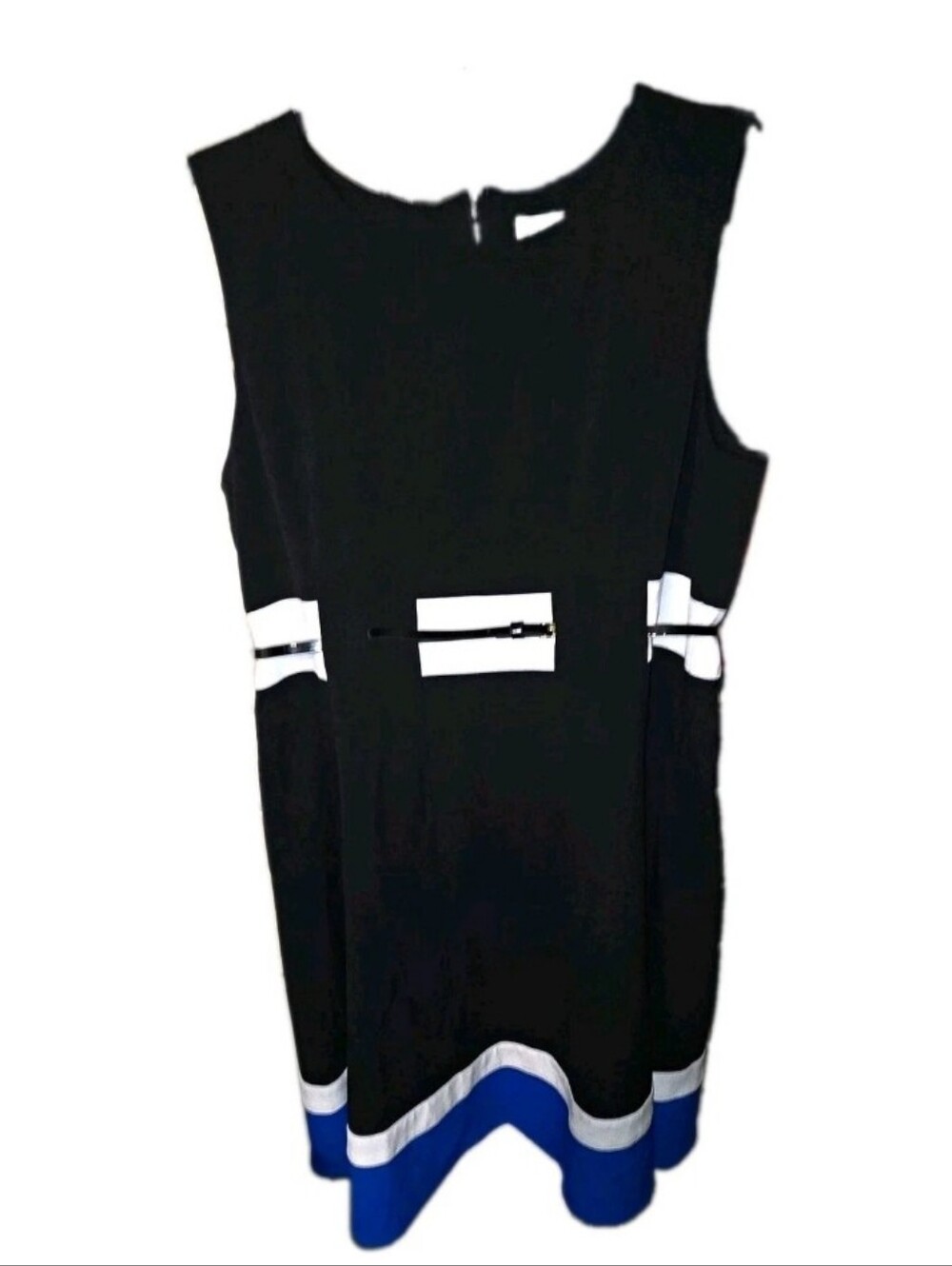 Calvin Klein Black Dress with White Stripes and Blue Hem With Belt